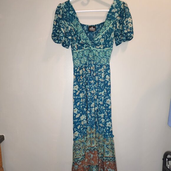 Prairie Boho Cottagecore puff sleeve flowy midi dress Sz S Angie vacation - Picture 1 of 7